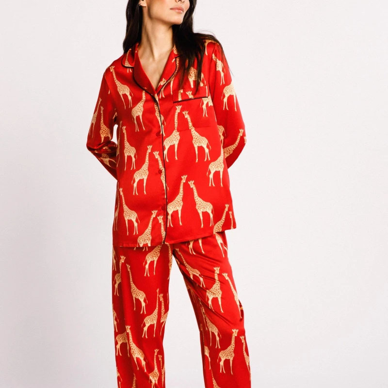 Image of Chelsea Peers Satin Button Up Pyjama Set Long Sleeve Pyjama Sets 8 (XS) Red 42535208310