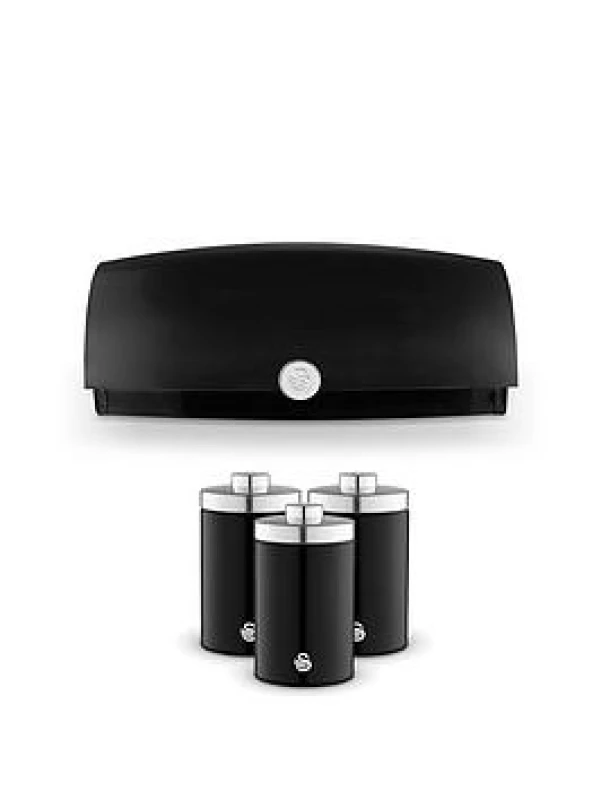Image of Swan Swan Townhouse EEJB280 Black Bread Bin with 3 Piece Canister Set Black