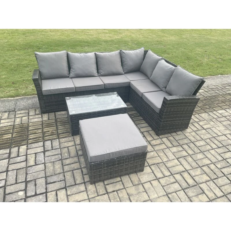 Image of Fimous 7 Seater High Back Outdoor Garden Furniture Set Rattan Corner Sofa Set With Rectangular Coffee Table in Dark Grey Dark Grey Unisex