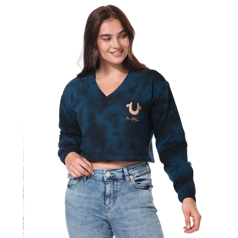Image of True Religion Foil Logo V-Neck Cropped Sweatshirt - Blue Blue 8