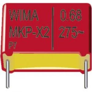 image of MKP X2 suppression capacitor Radial lead 0.1 uF 275 V AC 20 10 mm L x W x H 13 x 8 x 12mm Wima MKX21W31003I00KSSD