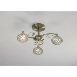 image of Cara semi-ceiling light 3 bulbs antique brass / crystal