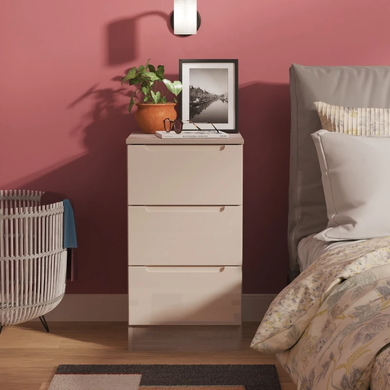 Image of Cannes Ready Assembled 3 Drawer Bedside Cabinet in Kashmir Gloss & Grey Oak - Welcome Furniture TJ Hughes 5056812217421