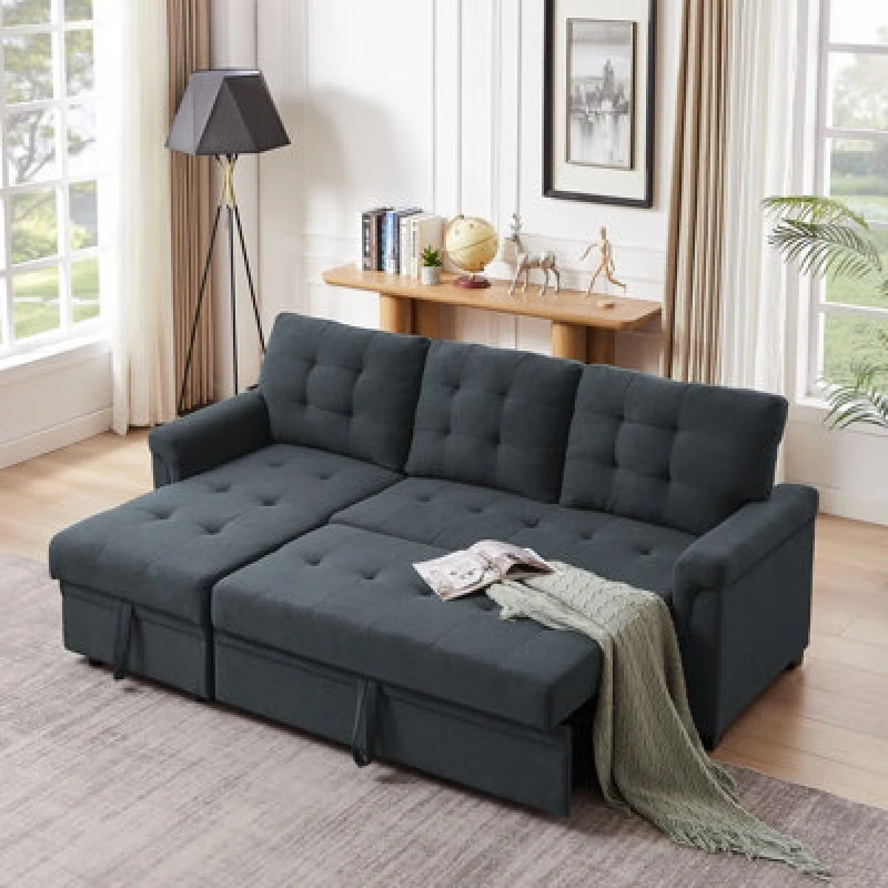 Image of Corner Sofa Bed, L-Shaped Corner Sofa Bed With Storage, Settee Sleep Reversible Storage Chaise - Linen Dark Gray
