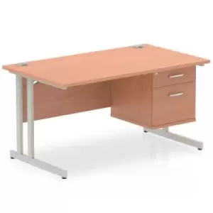 Image of Impulse 1400 Rectangle Silver Cant Leg Desk Beech 1 x 2 Drawer Fixed Ped