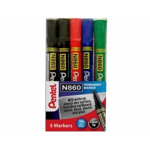 image of Pentel Chisel Tip Permanent Marker Assorted Pack of 5 YN8605-M