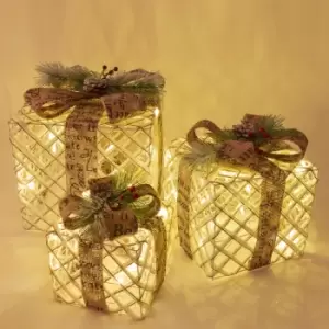 image of Christmas Workshop Set of 3 LED Light Up Xmas Gift Boxes with Hessian Bows - Warm White