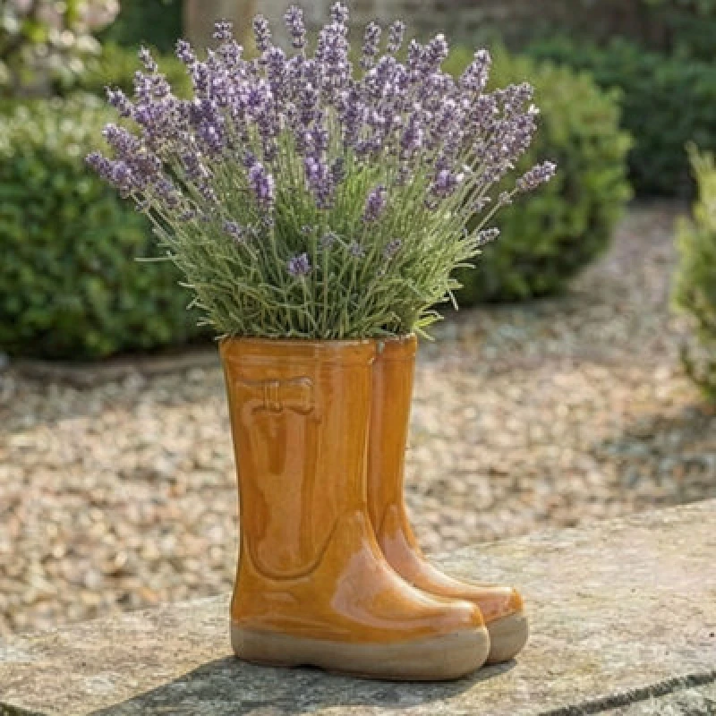Image of Dibor Small Orange Double Wellington Boots Ceramic Indoor Outdoor Flower Pot Garden Planter Pot (H) 17cm, (W)15cm Orange Unisex Small