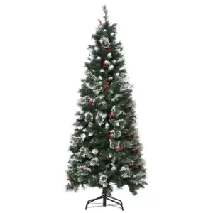 image of Snow Tipped Slim Artificial Christmas Tree with Red Berries and Pine Cones 6ft, Green