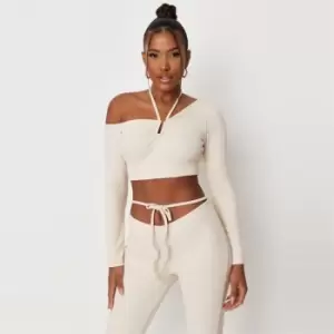 image of Missguided Rib Halter Neck Ls Top - Cream