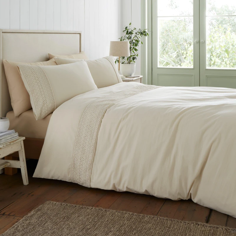 Image of Catherine Lansfield Broderie Anglaise Easy Care Duvet Cover Bedding Set Cream
