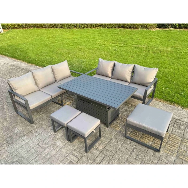 Image of Fimous Aluminum 6 Piece Sofa Set with Lifting Table, Cushions & 3 Footstools in Dark Grey Dark Grey Unisex