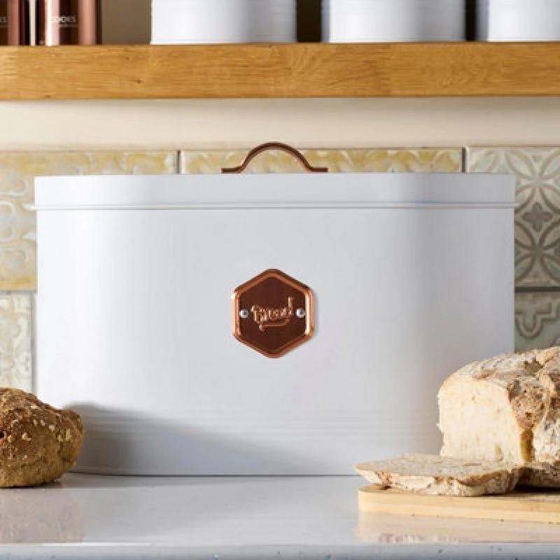 Image of Cooks Professional Bread Bin - Modern Kitchen Countertop Labelled Metal Storage Canister Breathable Container - White & Copper