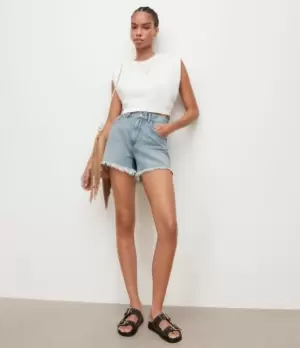Image of AllSaints Womens Yazi High-Rise Denim Shorts, Light Indigo, Size: 32