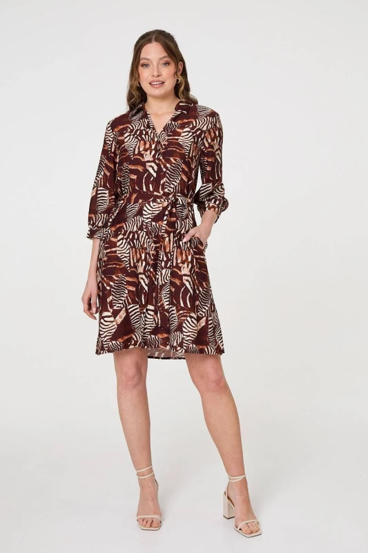 Image of Izabel London Womens Animal Print Tie Waist Shirt Short Dress in Brown Size: 10 Brown Female 10