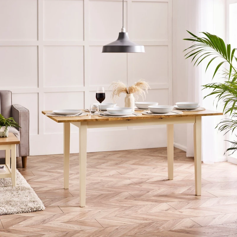 Image of FurnitureboxUK FurnitureboxUK Salcombe Rectangular Solid Wood Extending Dining Table With Cream Legs & Oak Effect Top in Light Oak Light Oak One Size