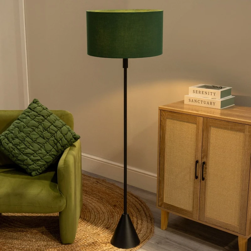 Image of ValueLights ValueLights Mitch Fabric Drum Lamp Shade Black Wood Stem Triangle Floor Lamp with LED Bulb in Bottle Green Bottle Green One Size Unisex 50