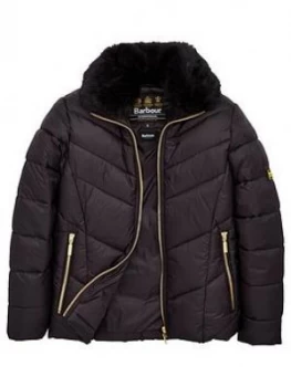 image of Barbour International Girls Nurburg Quilted Faux Fur Collar Jacket - Black