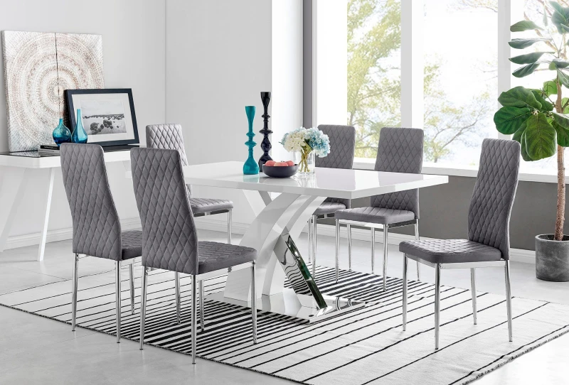 Image of FurnitureboxUK FurnitureboxUK Atlanta 6 White Dining Table and 6 Velvet Milan Chairs in Grey Grey One Size Unisex 5056657144739