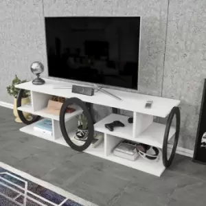 Image of Fale 140 Cm Wide Modern tv Unit , tv Cabinet ,Open Shelf tv Stand - Lowboard Up To 51 TVs - White And Black - Decorotika