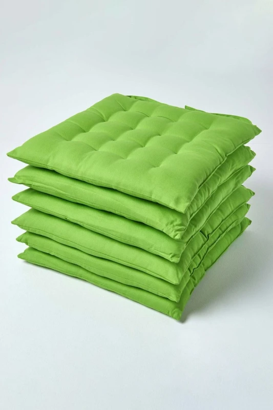 Image of Homescapes Plain Seat Pad with Button Straps, 40 x 40cm, Set of 6 Lime