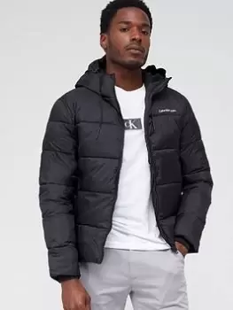 Image of Calvin Klein Jeans Logo Padded Hooded Jacket - Black, Size 2XL, Men