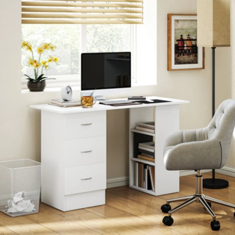 Image of HOMCOM 120cm Computer Desk PC Table Workstation w/ 3 Shelf & Drawers White 836-068V02WT