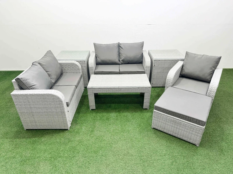 Image of Fimous High Back Poly Rattan Garden Furniture Set with Reclining Chair Loveseat Sofa Oblong Coffee Table Indoor Outdoor Patio Set Big Stool 2 Side Ta
