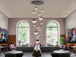 Image of Sphere Dimmable 14 Light Integrated LED Light Pendant Light Cluster Drop, Copper, Satin Brass, Chrome, Bluetooth control
