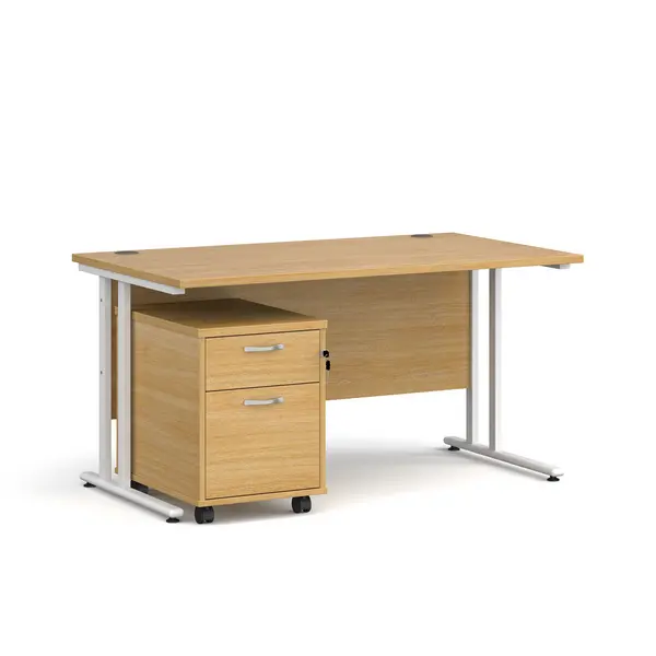Image of Maestro 25 Straight Desk with White Cantilever Frame and 2 Drawer Pedestal - Oak - 1400mm x 800mm