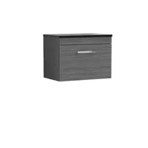 image of Nuie Athena 600 Wall Hung Single Drawer Vanity & Sparkling Black Worktop - Grey Woodgrain