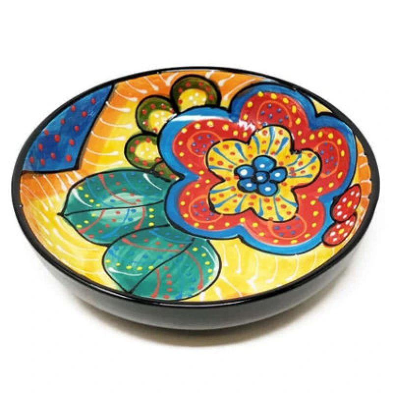 Image of Verano Spanish Ceramics Classic Spanish Hand Painted Pattern Kitchen Dining Shallow Bowl 23Cm Red/yellow Flower