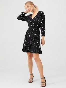 Image of Oasis Star Print Frill Skater Dress - Multi/Black, Multi Black, Size 8, Women