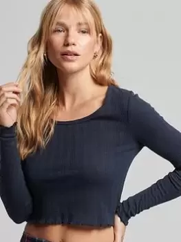 Image of Superdry Vintage Pointelle Crop Top - Eclipse Navy, Blue, Size 12, Women