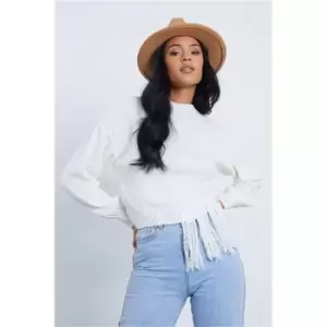 Image of I Saw It First Cream Fringe Hem Tassel Cropped Jumper - White