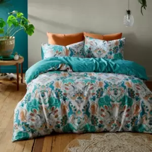 image of Pineapple Elephant Carnival Animals Artisan Motifs Duvet Cover Set, Teal, Super King