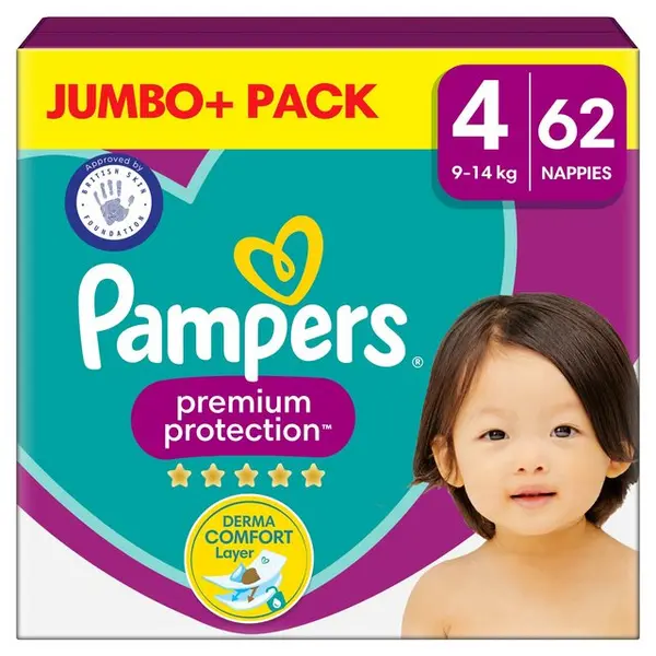 Image of Pampers Premium Protection Size 4 Jumbo Plus Pack 62 Nappies