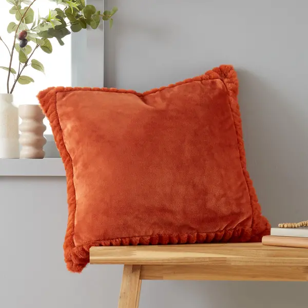 Image of Catherine Lansfield 'Velvet and Faux Fur' 55x55cm Cushion Burnt Orange