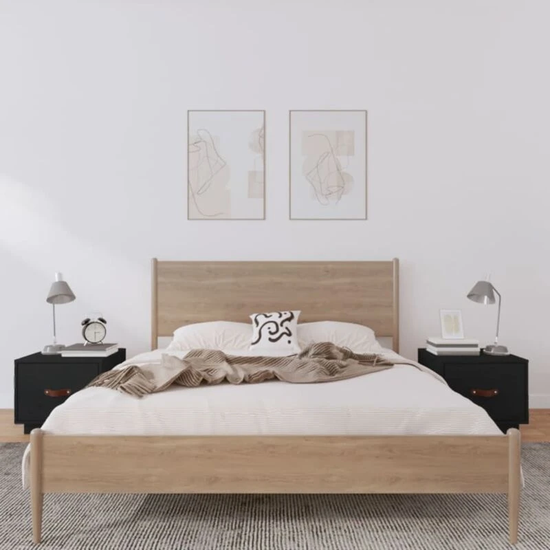 Image of Vidaxl Bedside Cabinets 2 Pcs Black 40X34X35cm Solid Wood Pine, Black 818294