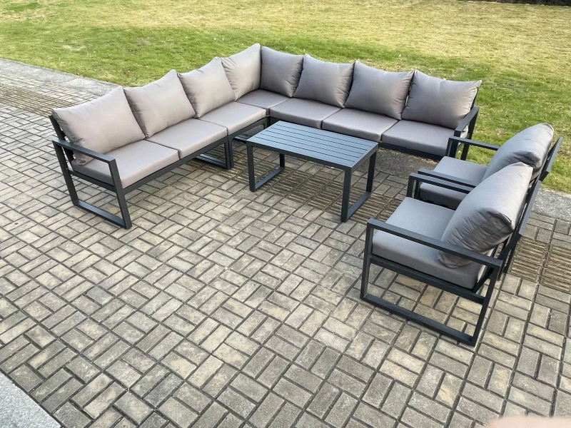 Image of Fimous Aluminium Patio Outdoor Garden Furniture Lounge Corner Sofa Set with Oblong Coffee Table 2 Chairs Dark Grey Dark Grey Unisex