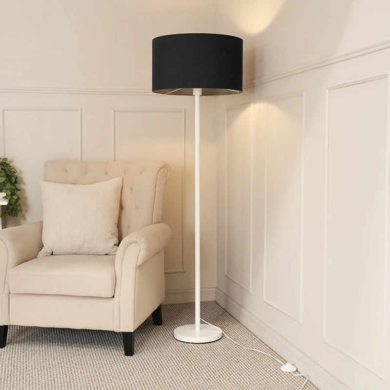 Image of ValueLights Charlie White Single Stem Floor Lamp with Fabric Drum Lamp Shade and LED Bulb Black