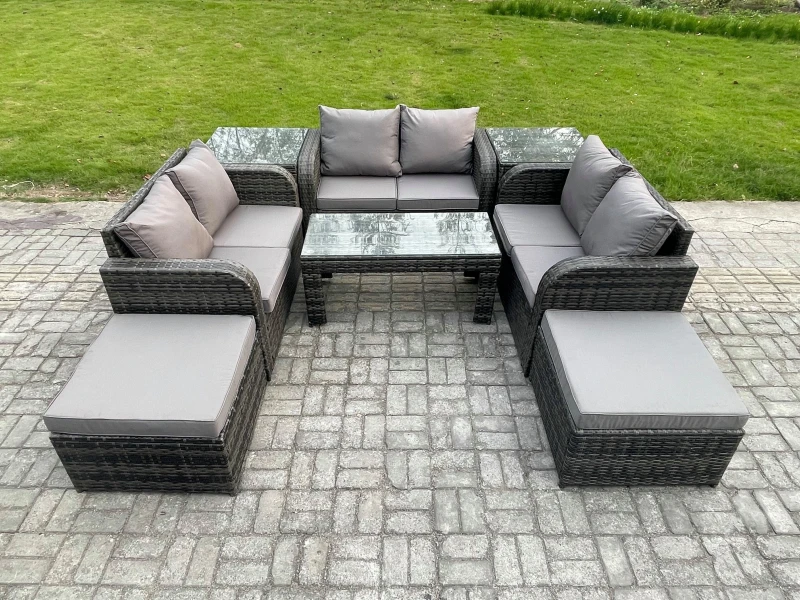 Image of Fimous Outdoor Garden Furniture Sets 8 Seater Wicker Rattan Furniture Sofa Sets with Rectangular Coffee Table Love seat Sofa 2 Big Footstool Dark Grey