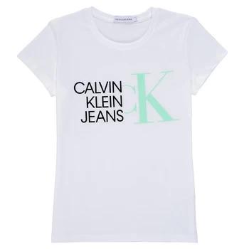 Image of Calvin Klein Jeans HYBRID LOGO SLIM T-SHIRT Girls Childrens T shirt in White - Sizes 10 years,12 years,14 years,16 years