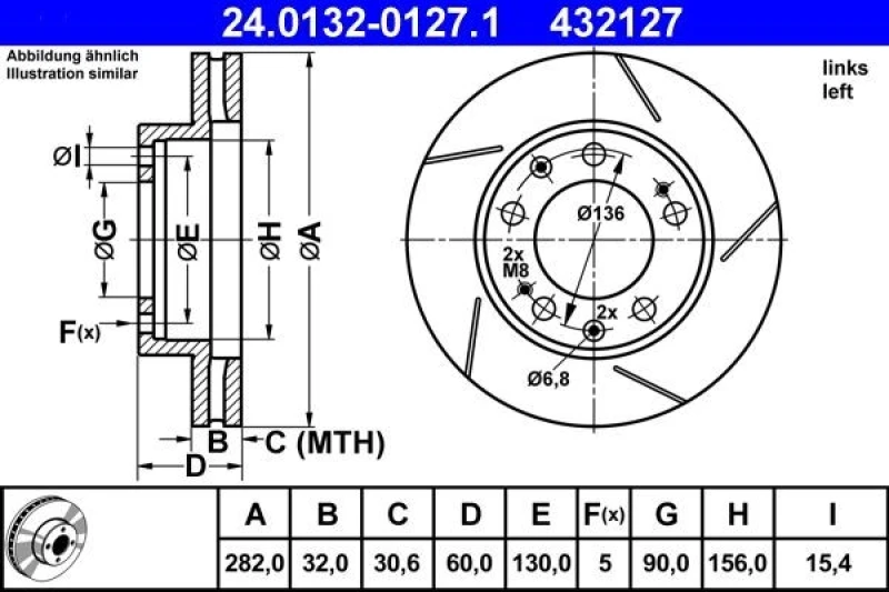 Image of ATE 24.0132-0127.1 Brake disc slotted/internally vented, Coated, Alloyed/High-carbon Brake Disc (82)