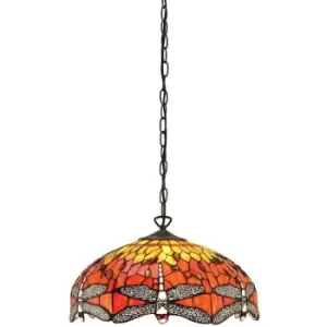 image of Interiors Dragonfly Flame - 3 Light Medium Ceiling Pendant Bronze, Red, Dragonfly Tiffany Glass, E27