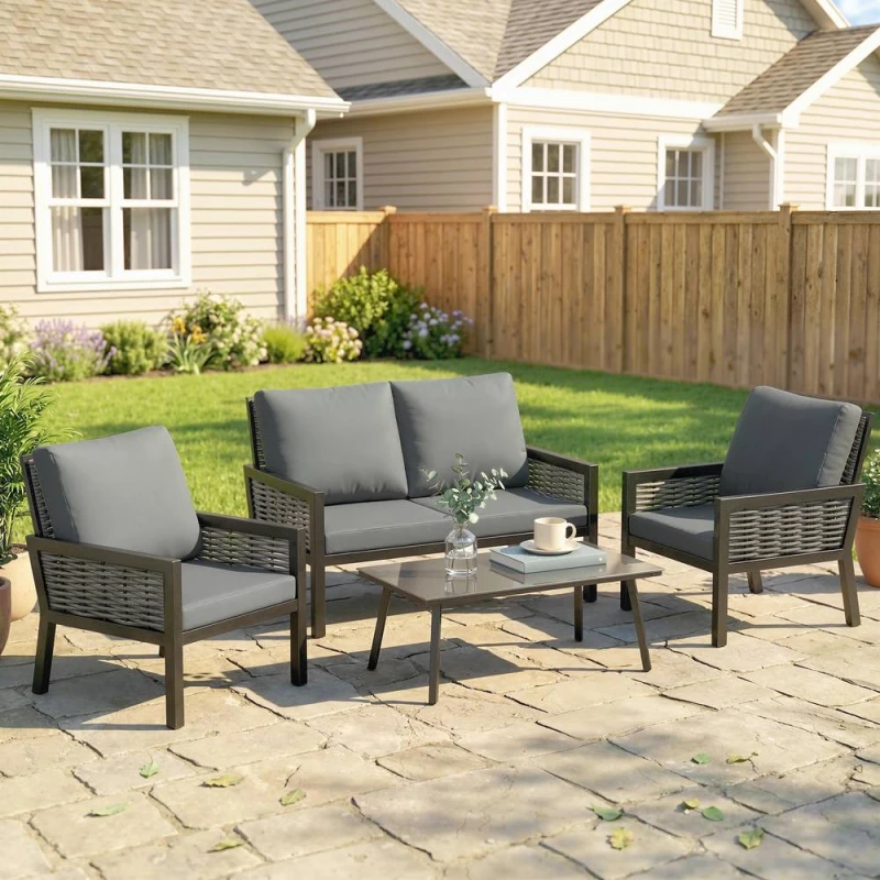 Image of OUTSUNNY Rattan Garden Furniture Set, Outdoor Furniture Conversation Set in Dark Grey Dark Grey Unisex