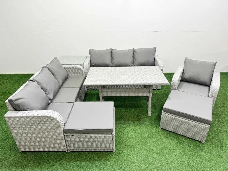 Image of FIMOUS Fimous - 9 Seater Poly Rattan Outdoor Garden Furniture Rectangular Dining Table Sofa Set Patio 3 Seater Sofa Reclining Chair 3 Seater Sofa 2 Bi