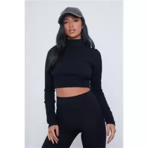 I Saw It First Black Petite Rib High Neck Long Sleeve Crop Top - Black