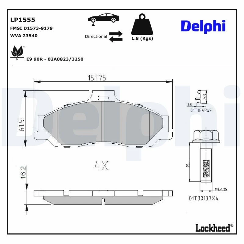 Image of DELPHI Brake pad set DELPHI LP1555