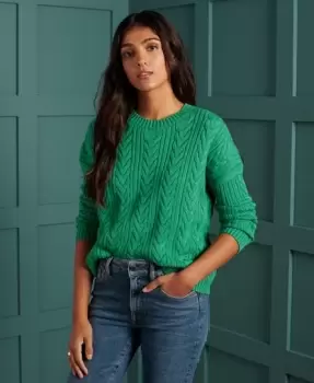 image of Superdry Womens Dropped Shoulder Cable Knit Crew Neck Jumper Green / Woodland Green - Size: 12